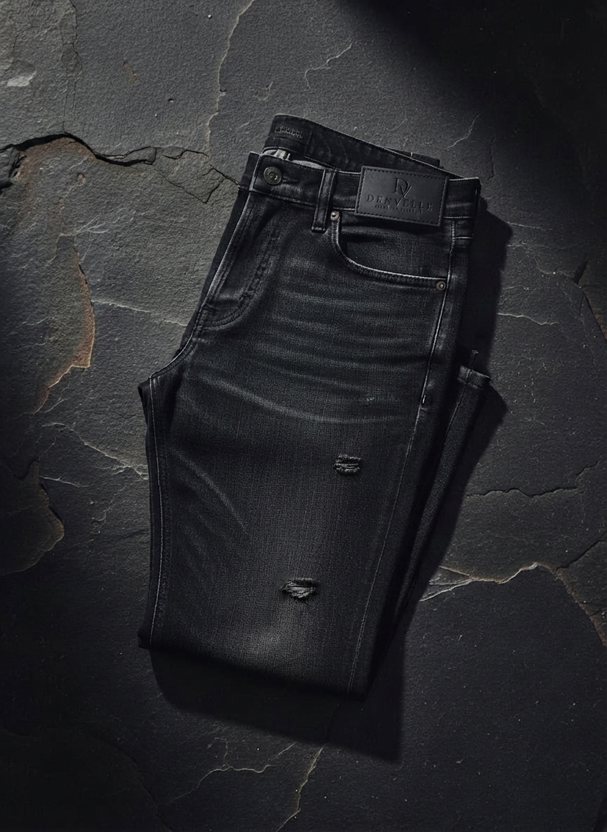 Tapered black denim jeans in faded black 13oz - OEM denim manufacturing