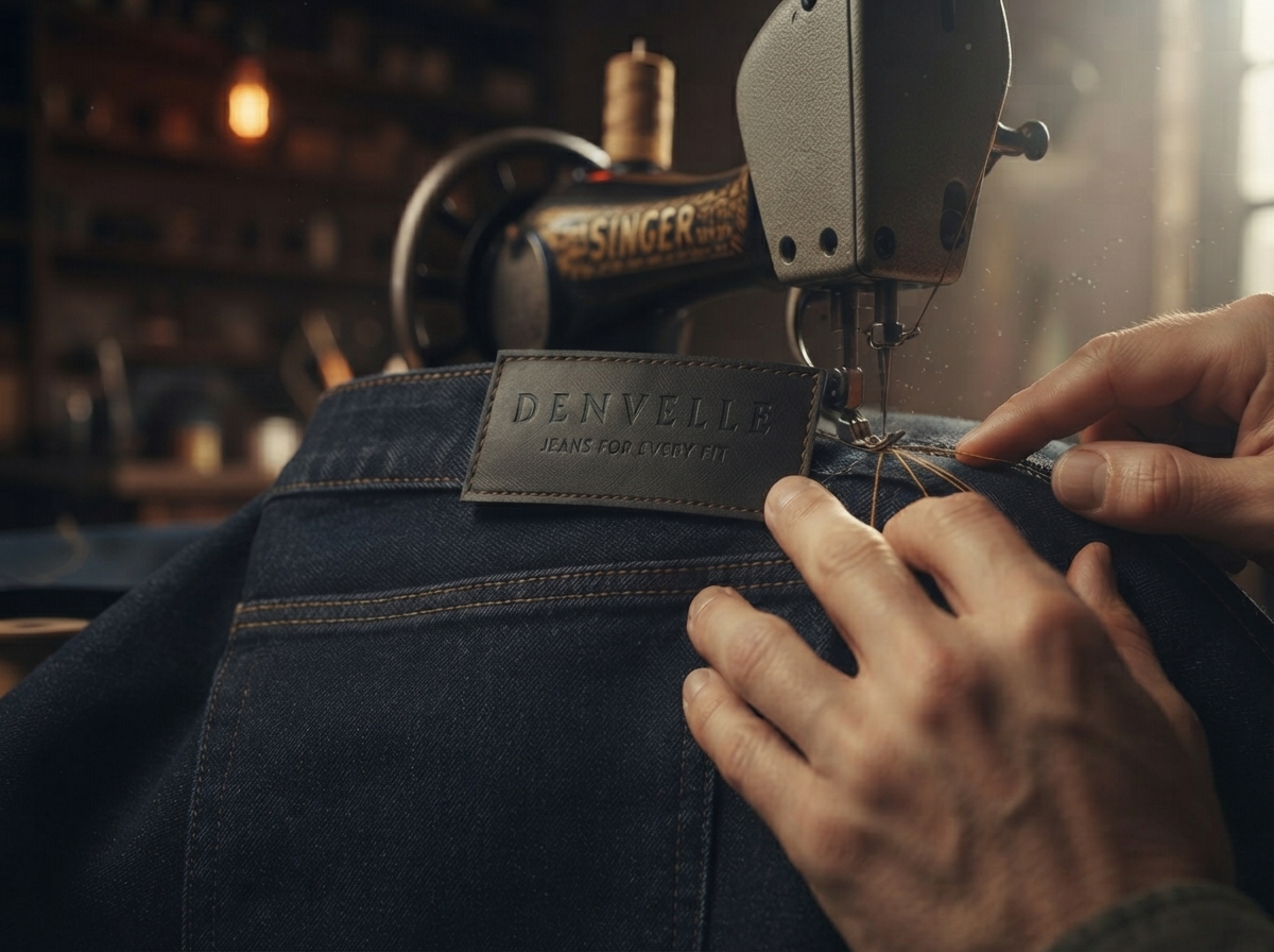 Artisan hand-stitching Denvelle leather patch - jeans manufacturing process